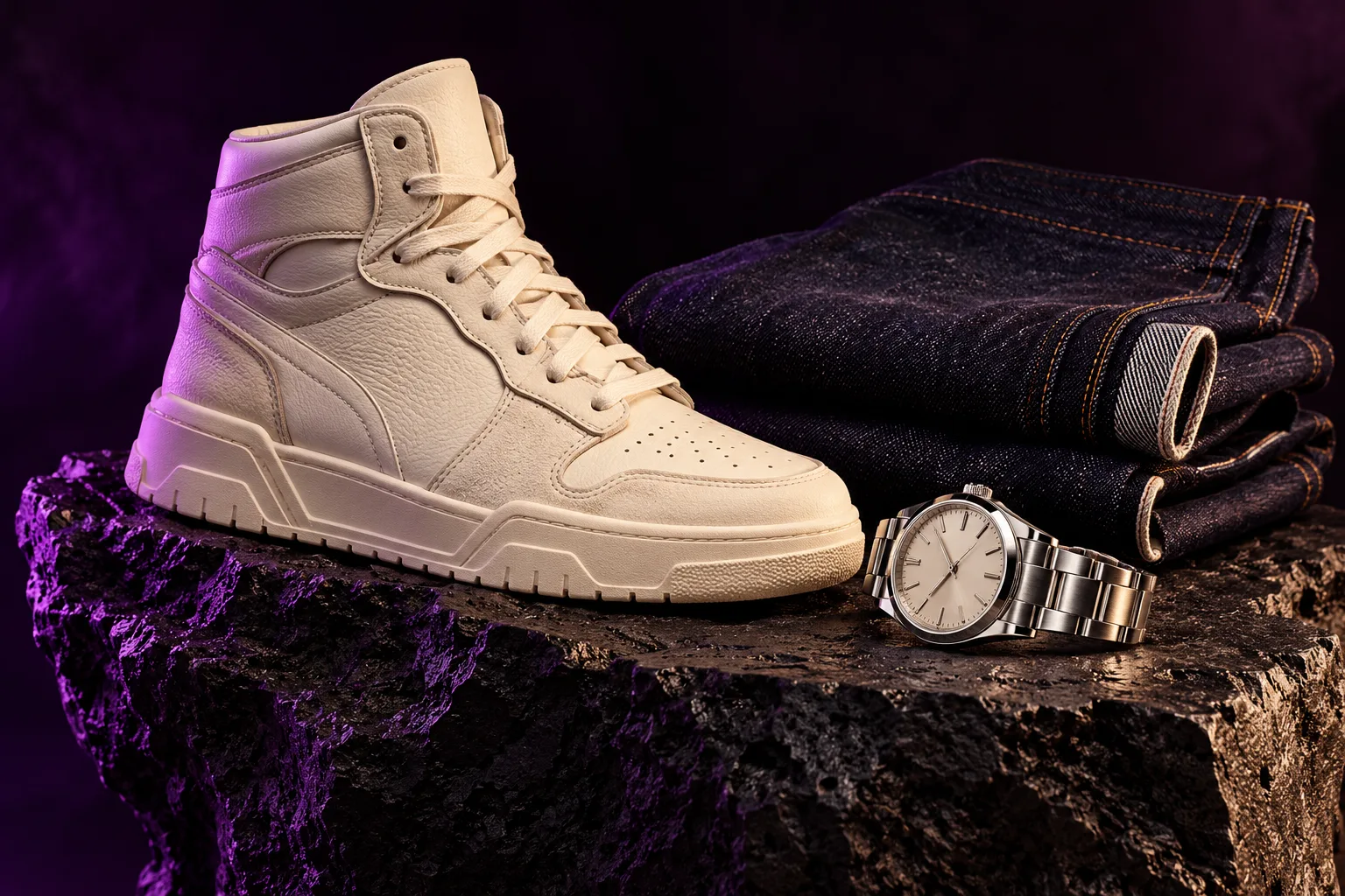 Collectible sneaker, premium denim and watch in purple studio light