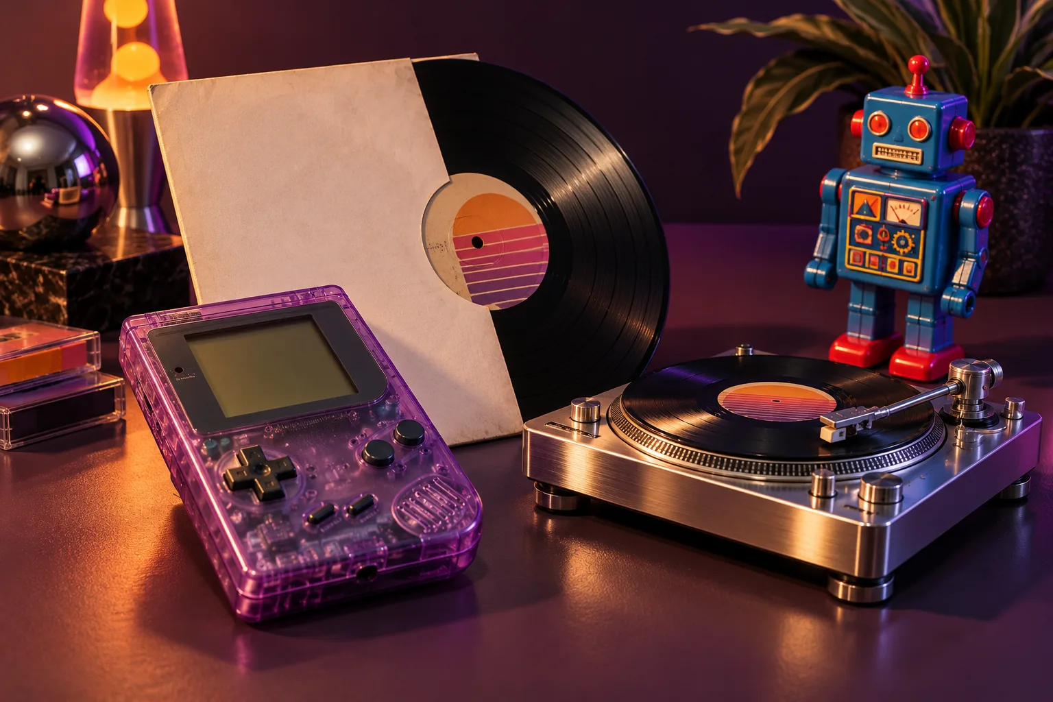 Retro handheld console, vinyl and a collectible robot
