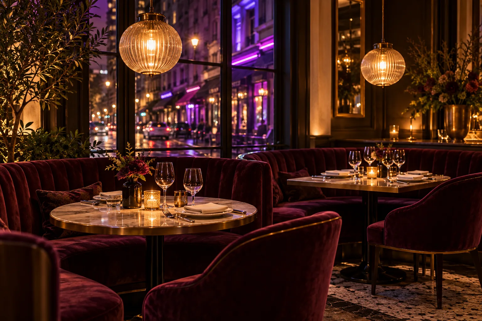 Warmly lit restaurant tables beside a violet city window